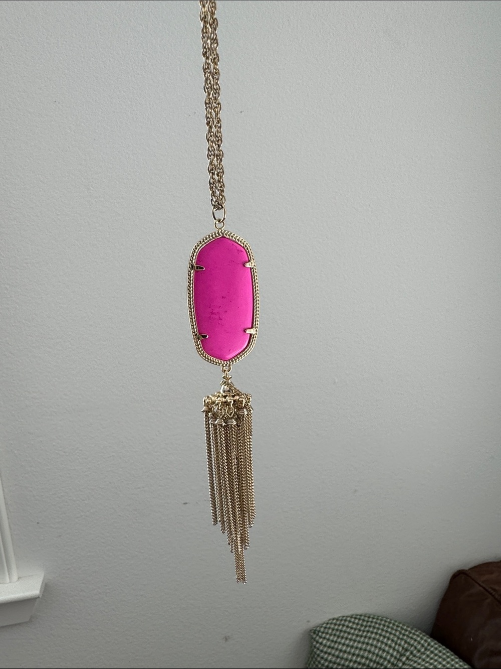 Kendra Scott Rayne, Gold Necklace with Hot Pink Oval Pendant and Tassel